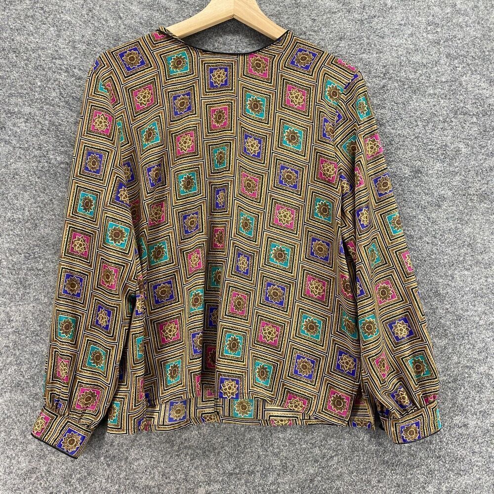 TanJay Blouse Women 8P Petite Brown Geometric Crew Neck Long Sleeve Button
